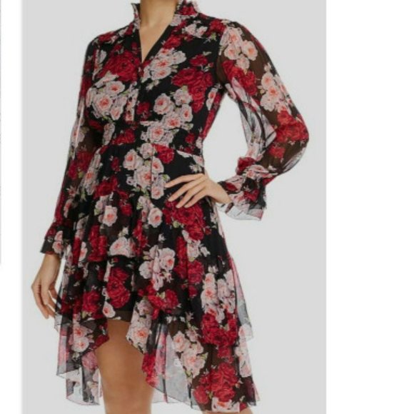 The Kooples Black Floral Ruffle V-Neck Button Casual Dress.  SZ US Small - Picture 2 of 8